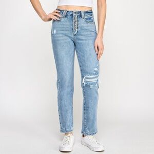 High Rise Button Fly Crop Slim Straight